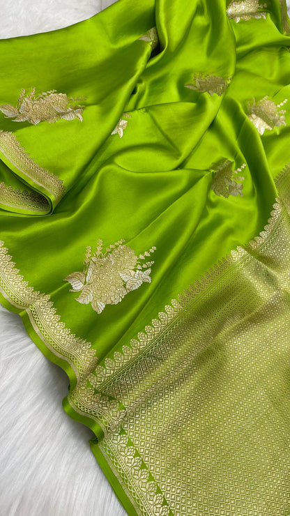 Pist Green Mashru Silk Skirt Border Zari Aanchal Banarasi Boota Saree