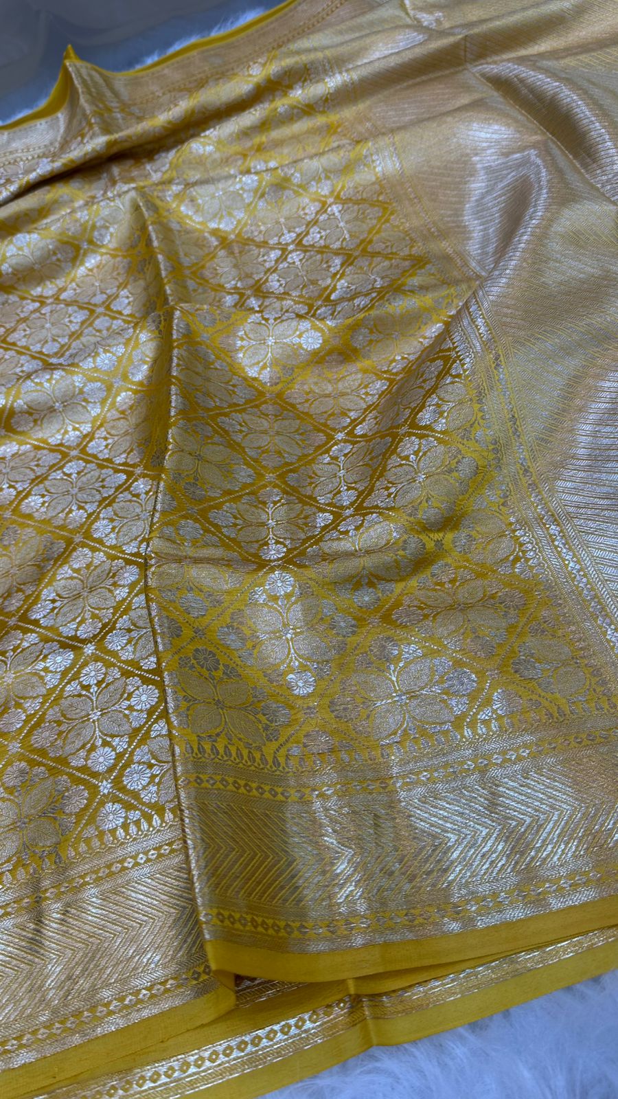 Yellow Pure Row Mango Silk Zari Brocade Saree