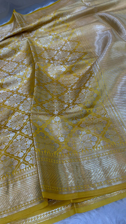 Yellow Pure Row Mango Silk Zari Brocade Saree