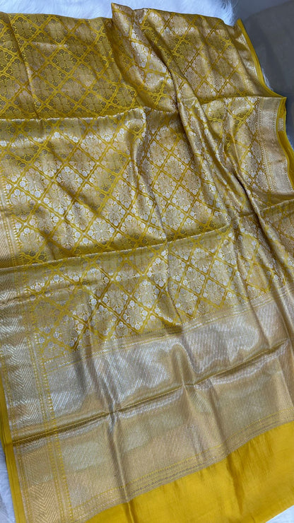 Yellow Pure Row Mango Silk Zari Brocade Saree