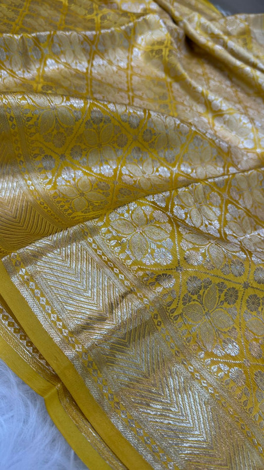 Yellow Pure Row Mango Silk Zari Brocade Saree