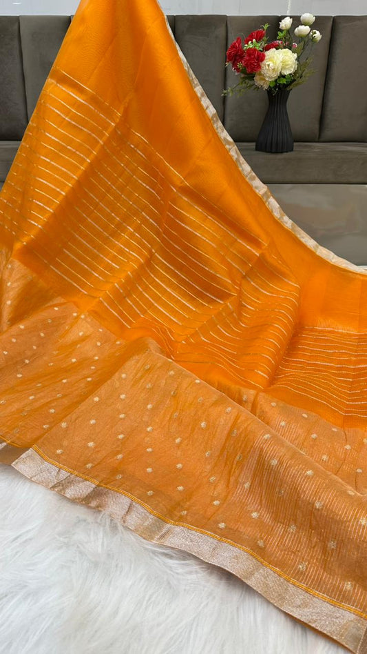Pure Organza Silk Zari Buti Zari Lines Design Saree
