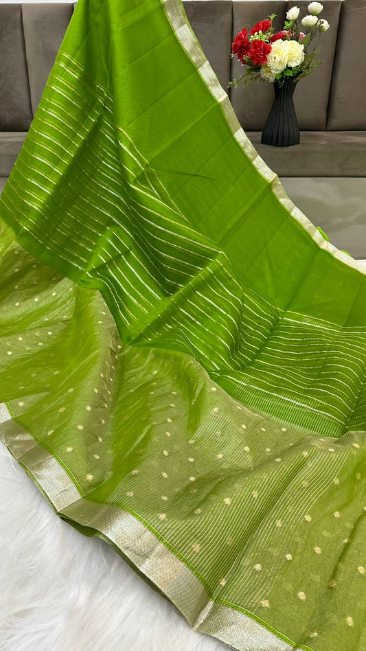 Pure Organza Silk Zari Buti Zari Lines Design Saree