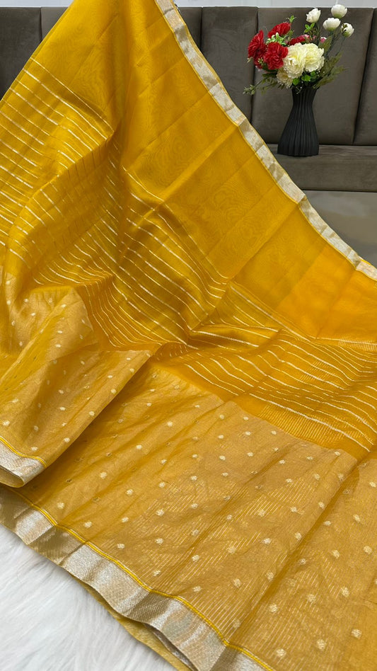 Pure Organza Silk Zari Buti Zari Lines Design Saree