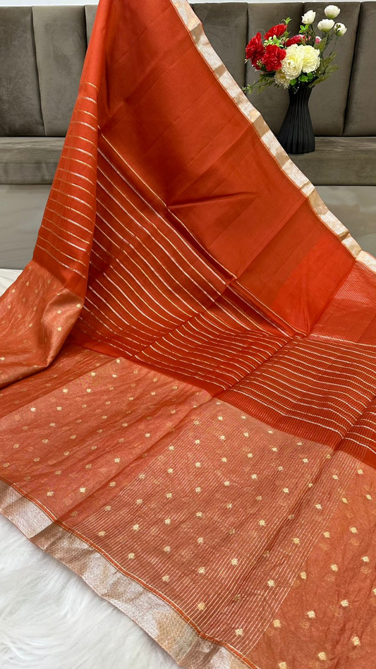 Pure Organza Silk Zari Buti Zari Lines Design Saree