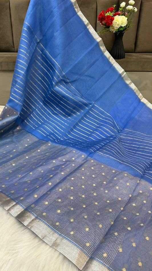 Pure Organza Silk Zari Buti Zari Lines Design Saree