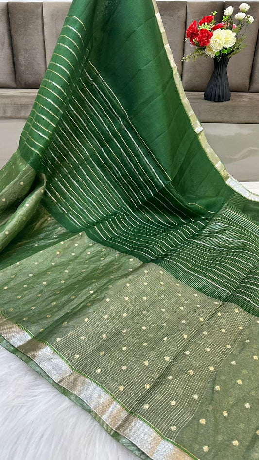 Pure Organza Silk Zari Buti Zari Lines Design Saree