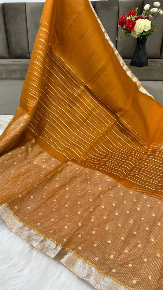 Pure Organza Silk Zari Buti Zari Lines Design Saree