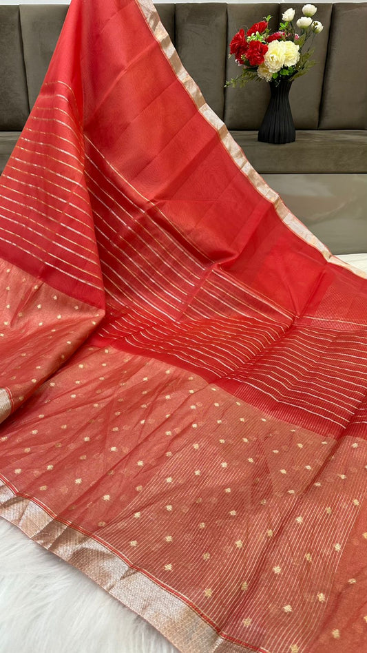 Pure Organza Silk Zari Buti Zari Lines Design Saree