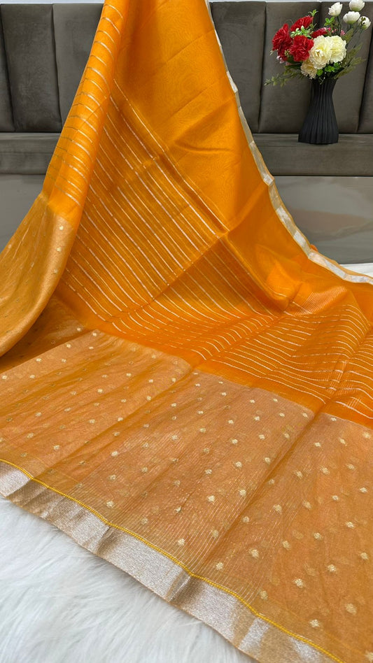 Pure Organza Silk Zari Buti Zari Lines Design Saree