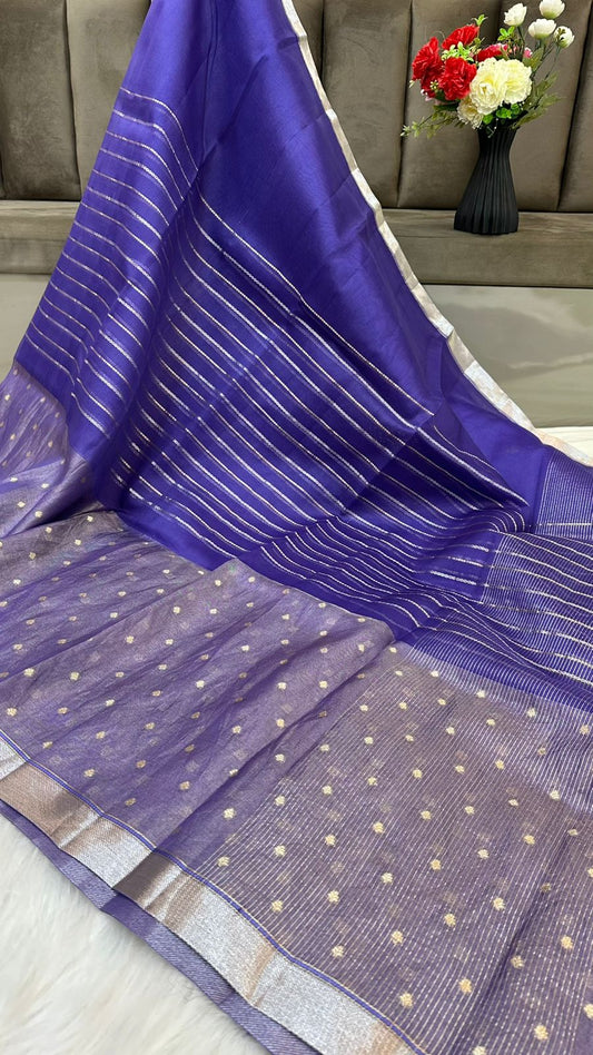 Pure Organza Silk Zari Buti Zari Lines Design Saree