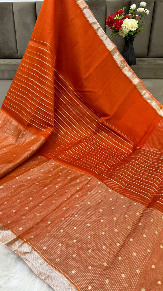 Pure Organza Silk Zari Buti Zari Lines Design Saree