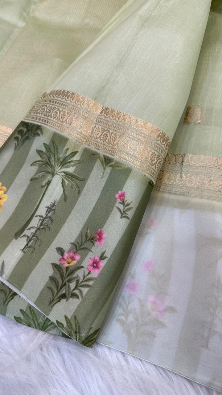 Handloom Pure mango silk mashru printed border saree
