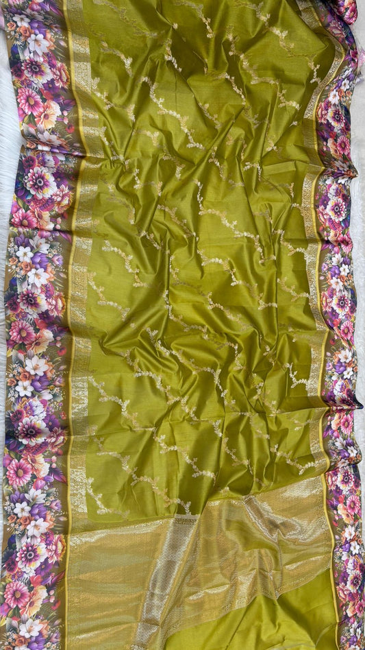 Handloom Pure mango silk mashru printed border saree