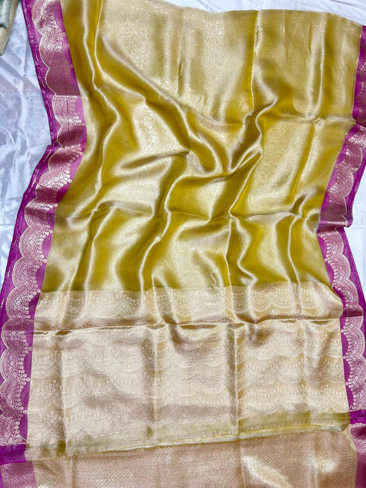 Pure Plain Tissue Silk Scalloped Zari Border Saree…