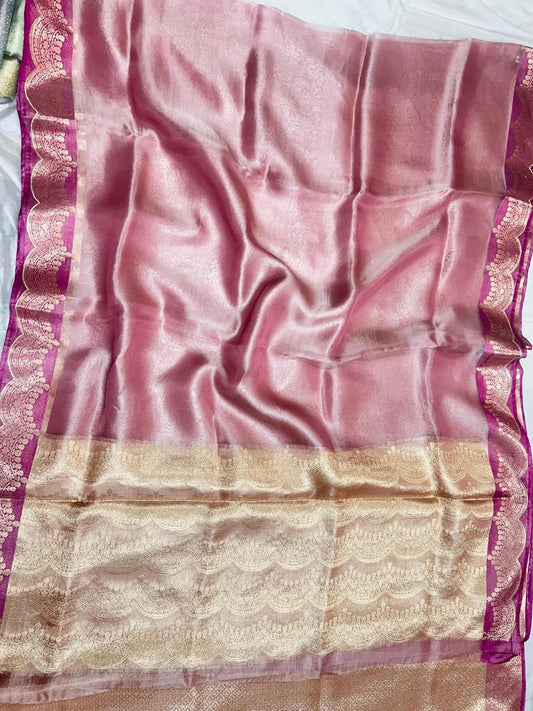 Pure Plain Tissue Silk Scalloped Zari Border Saree…