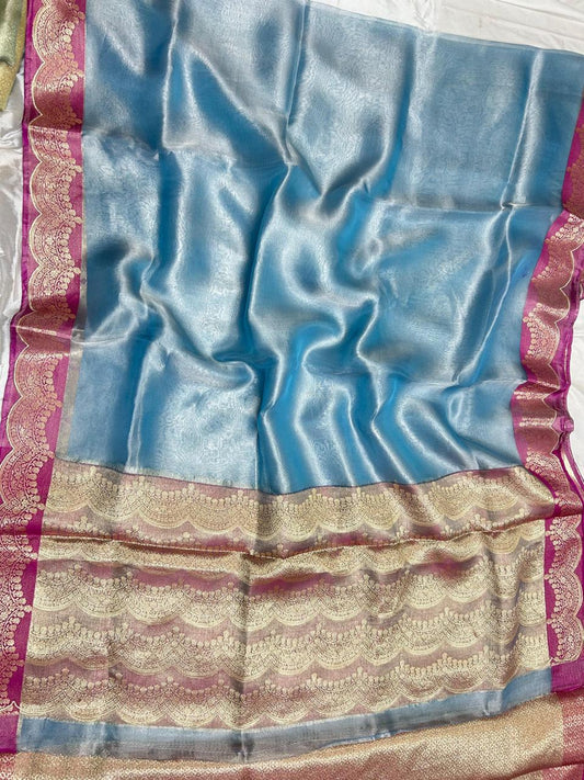 Pure Plain Tissue Silk Scalloped Zari Border Saree…