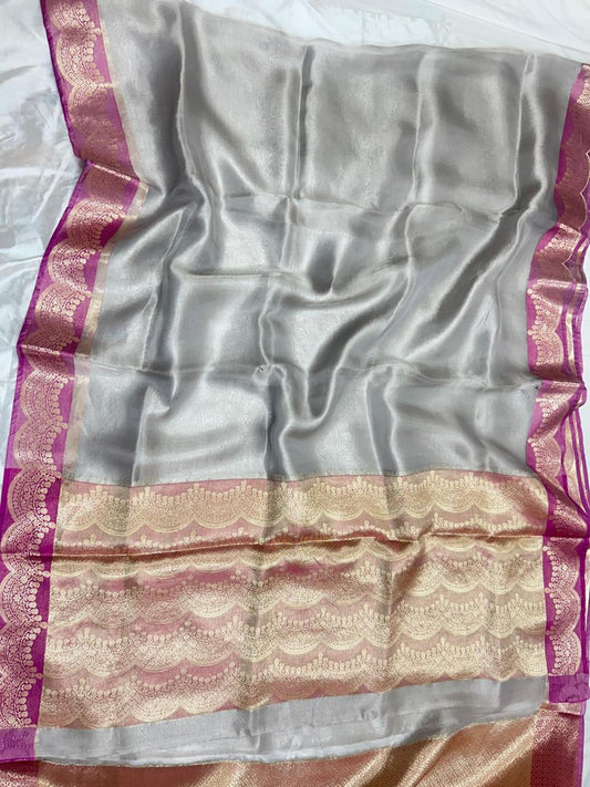 Pure Plain Tissue Silk Scalloped Zari Border Saree…