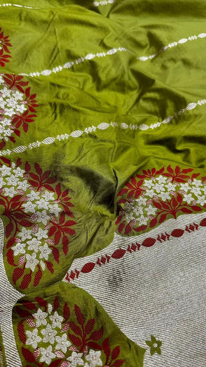 Handloom Pure Banarasi saree Katan Silk meenedar work...Green shade of sensation